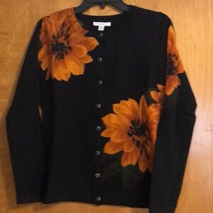 Isaac Mizrahi Black Cardigan with Orange Floral Design